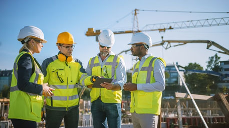 Four construction crew members meeting on a construction site.